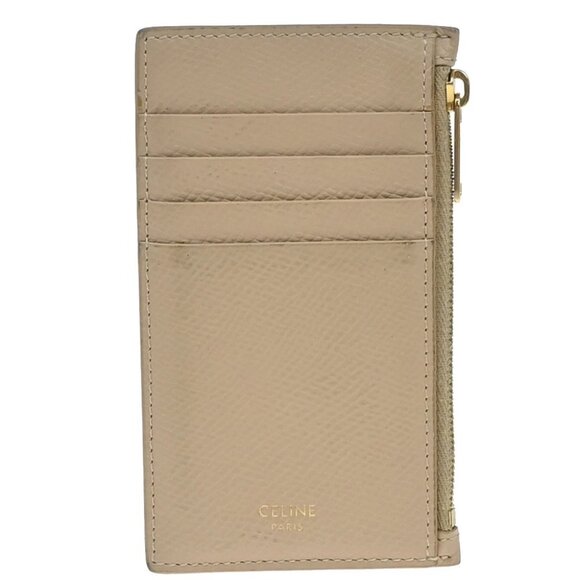 CELINE Logo Fragment Card Coin Case Wallet Leather Beige Gold Italy 60KB230 - Picture 1 of 13
